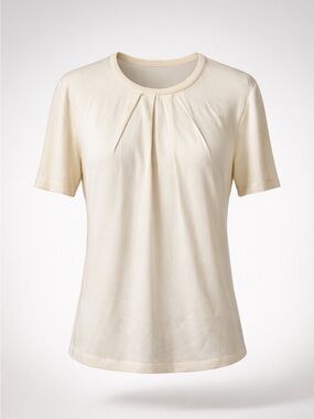 Carolina Herrera Cashmere&Silk Short-Sleeve Pleated Knit Tee, cream, S